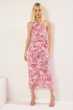 Pembe Sal Desen A Kesim Baglama Detayl? Midi Dokuma Elbise TWOSS24EL00458