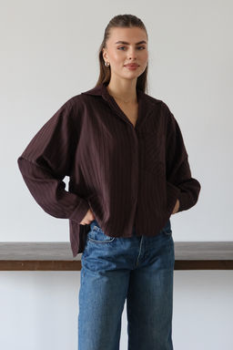 Kahverengi Cizgili Oversize Dokuma Gomlek TWOAW26GO00138 - Trendyolmilla фото 9