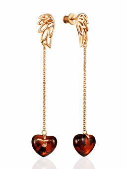Позолоченные серьги-цепочки с натуральным вишнёвым янтарём Сердце