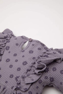 Вафельное платье с длинными рукавами и цветочным принтом для маленьких девочек - Defacto фото 2