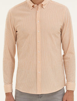 Оранжевая рубашка узкого кроя из смесового хлопка в полоску - Cacharel фото 6