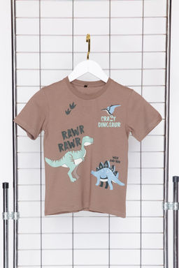 Bej Erkek Cocuk %100 Pamuk Dinozor Desenli Regular/Normal Kal?p K?sa Kol Orme T-shirt TKDSS24TS00034 - Trendyolmilla фото 2