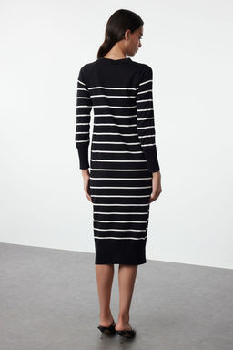 Siyah Midi Premium Iplik/Ozel Iplik Triko Basic Cizgili Elbise TWOAW25EL00093