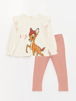 Bisiklet Yaka Bambi Bask?l? K?z Bebek Ti??rt ve Tayt 2li Tak?m