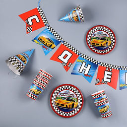 Набор бумажной посуды Машины: 6 тарелок, 1 гирлянда, 6 стаканов, 6 колпаков