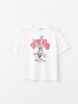 Bisiklet Yaka Bugs Bunny Bask?l? K?sa Kollu K?z ?ocuk Ti??rt