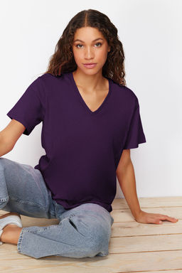 Mor %100 Pamuk Oversize/Genis Kal?p V Yaka Orme T-Shirt TWOSS23TS00003