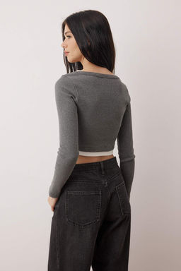 Gri Melanj Cift Katl? Fitted/Vucuda Oturan Crop Orme Bluz TWOAW26BZ00311 - Trendyolmilla фото 4