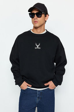 Siyah Oversize/Geni_ Kesim Uzun Kol Hayvan Nak__l_ Sweatshirt TMNAW24SW00169