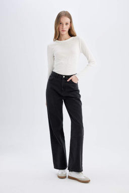 Женская приталенная узкая футболка с круглым вырезом в рубчик, базовая простая футболка с длинными рукавами - Defacto фото 2