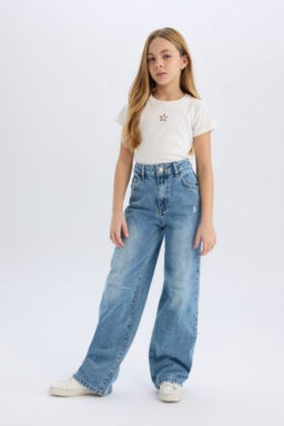 K?z Cocuk Wide Leg Y?rt?k Detayl? Genis Paca Jean Pantolon