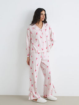 G?mlek Yaka Desenli Kad?n Pijama Tak?m