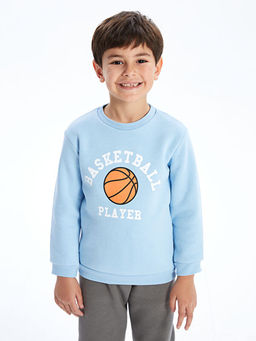 Bisiklet Yaka Bask?l? Erkek ?ocuk Sweatshirt ve E?ofman Alt 2li