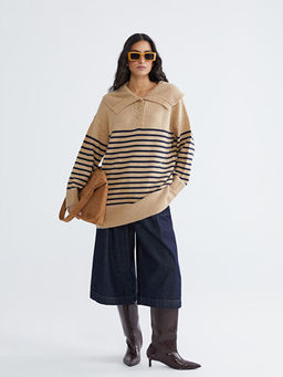 Polo Yaka ?izgili Kad?n Triko Kazak