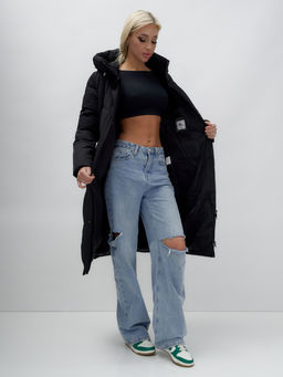 Пальто утепленное стеганное зимнее с капюшоном женское черного цвета 9639Ch - Mtforce фото 16