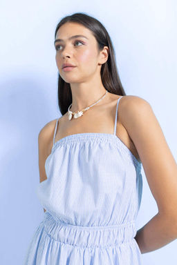 Мини-платье с квадратным вырезом и полосатым ремешком с вышивкой - Defacto фото 4