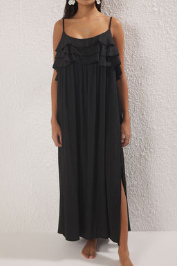 Trendyolmilla Siyah Dokuma Midi Volanl? Plaj Elbisesi TBESS25EL00132 фото 3