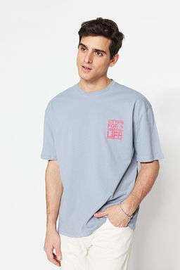 Gri Oversize/Geni_ Kesim Bisiklet Yaka Yaz_ Bask_l_ %100 Pamuk T-Shirt TMNSS21TS1685