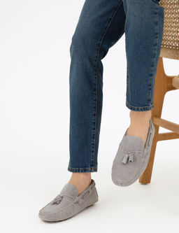 Gri %100 Deri Loafer Ayakkab_