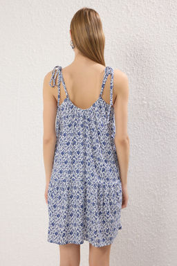 Mavi Cicek Desenli Genis Kesim Viskon Mini Dokuma Elbise TWOSS25EL00722 - Trendyolmilla фото 5