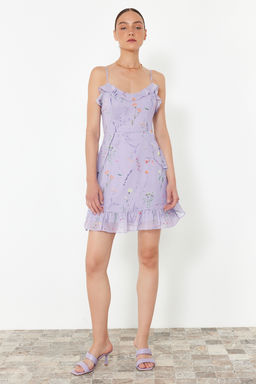 TRENDYOLMILLA Mint Cicek Desenli A Kesim Mini Astarl? Volanl? Dokuma Elbise TWOSS20EL1267 фото 10