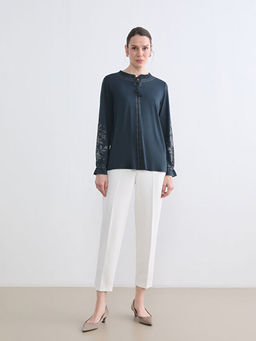 Ba?lama Yaka F?rf?rl? Desenli Bluz