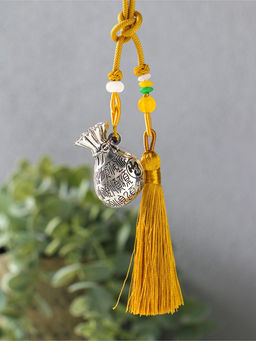 Подвеска металл, текстиль "Мешок с кисточкой" золотистый с серебром 2х4,5х14 см