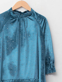 Dik Yaka Bask?l? Uzun Kollu Kadife K?z ?ocuk Elbise - Waikiki фото 3