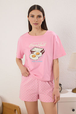 Pembe %100 Pamuklu Eglence Bask?l? Puantiyeli Sortlu Orme Pijama Tak?m? THMSS25PT00361