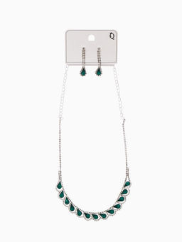 Набор 2 предмета: серьги, колье Листопад капли, цвет зелёно-белый в серебре, 45 см