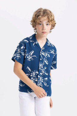 Рубашка оверсайз из вискозы с короткими рукавами и воротником-поло для мальчика - Defacto фото 3