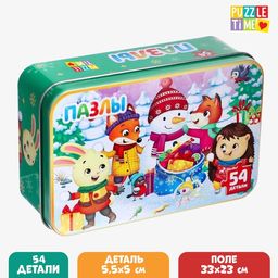 Пазлы в металлической коробке Новогодние забавы, 54 детали