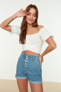 Trendyolmilla Siyah Baglama Detayl? Carmen Yaka Dokuma Bluz TWOSS21BZ0797  фото 10