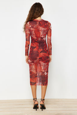 Kahverengi Bask?l? Tul Astarl? Vucuda Oturan Dik Yaka Midi Orme Elbise TWOAW24EL00165 - Trendyolmilla фото 6