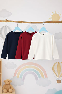 Lacivert-Bordo-Ekru 3lu Unisex Cocuk 100% Pamuk Duz Regular Orme T-Shirt TKDAW26TS00004 - Trendyolmilla фото 15