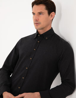 Siyah Slim Fit %100 Pamuk Yakas_ D__meli Flanel G_mlek