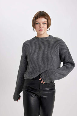 Укороченный свитер из ткани Салоники с круглым вырезом - Defacto фото 3