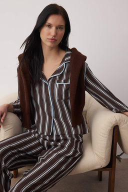 Kahverengi-Mavi Cizgili Biyeli Viskon Dokuma Pijama Tak?m? THMAW21PT0292