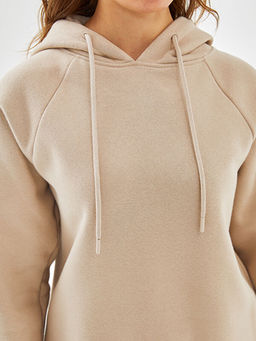 D?z Uzun Kollu Kad?n Kal?n Hoodie