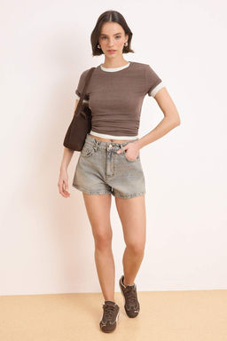 Gri Yuksek Bel Mini Denim Sort TWOSS24SR00174