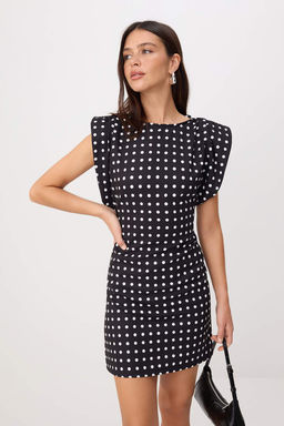 Siyah Puantiyeli S?rt? Ac?k Mini Dokuma Elbise TWOSS26EL01087