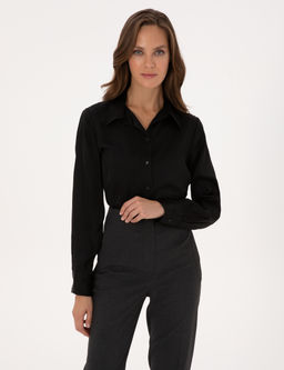 Siyah Comfort Fit Uzun Kollu Saten G_mlek