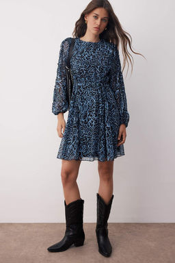 Mavi Cicekli F?rf?rl? Boho K?sa / Mini Astarl? Sifon Dokuma Elbise TWOAW26EL00080
