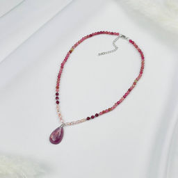 Бусы-чокер из Турмалина и Жемчуга с кулоном из Лепидолита