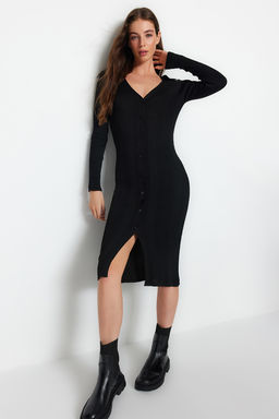 Siyah Midi Triko Polo Yaka Elbise TWOAW24EL00044