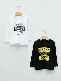 Bisiklet Yaka Uzun Kollu Bask?l? Pamuklu Erkek Bebek Ti??rt 2li