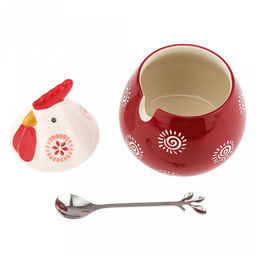 Банка для специй фарфоровая Петушок 460мл, д8-10,5см, h8,2см, с выемкой для ложки, общая h14,7см, металлическая ложка Веточка 12,3см, бордовый/молочный с орнаментом (Китай) - Домашняя мода фото 3