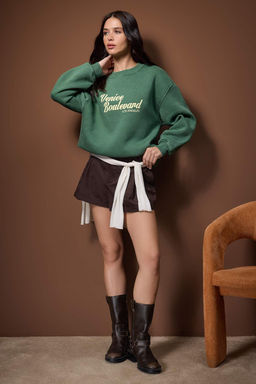 Yesil Y?kamal? Slogan Bask?l? Oversize/Genis Kal?p Kal?n Ici Polarl?Orme Sweatshirt TWOAW26SW00248