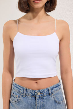 Beyaz-Beyaz 2li Paket Pamuklu Spagetti Ask?l? Crop Esnek Orme Atlet TWOSS21AL0196