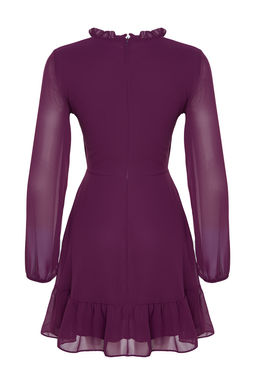 TRENDYOLMILLA Siyah A Kesim F?rf?r Detayl? Dik Yaka Mini Astarl? Sifon Dokuma K?sl?k Elbise TWOAW24EL00722  фото 14